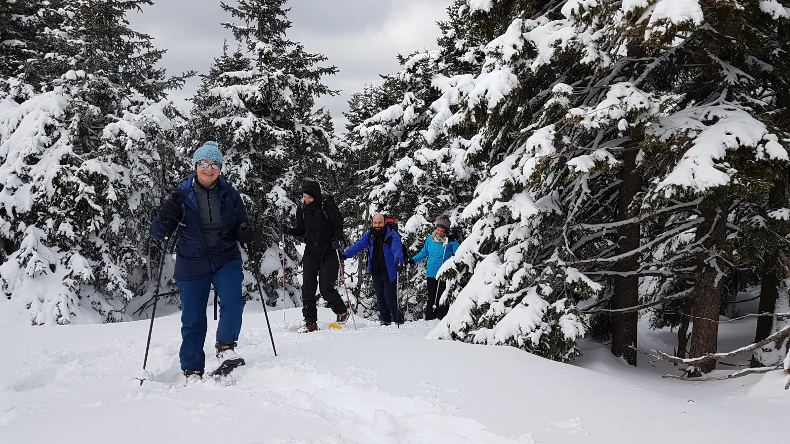 Eine Gruppe beim Schneeschuhwandern