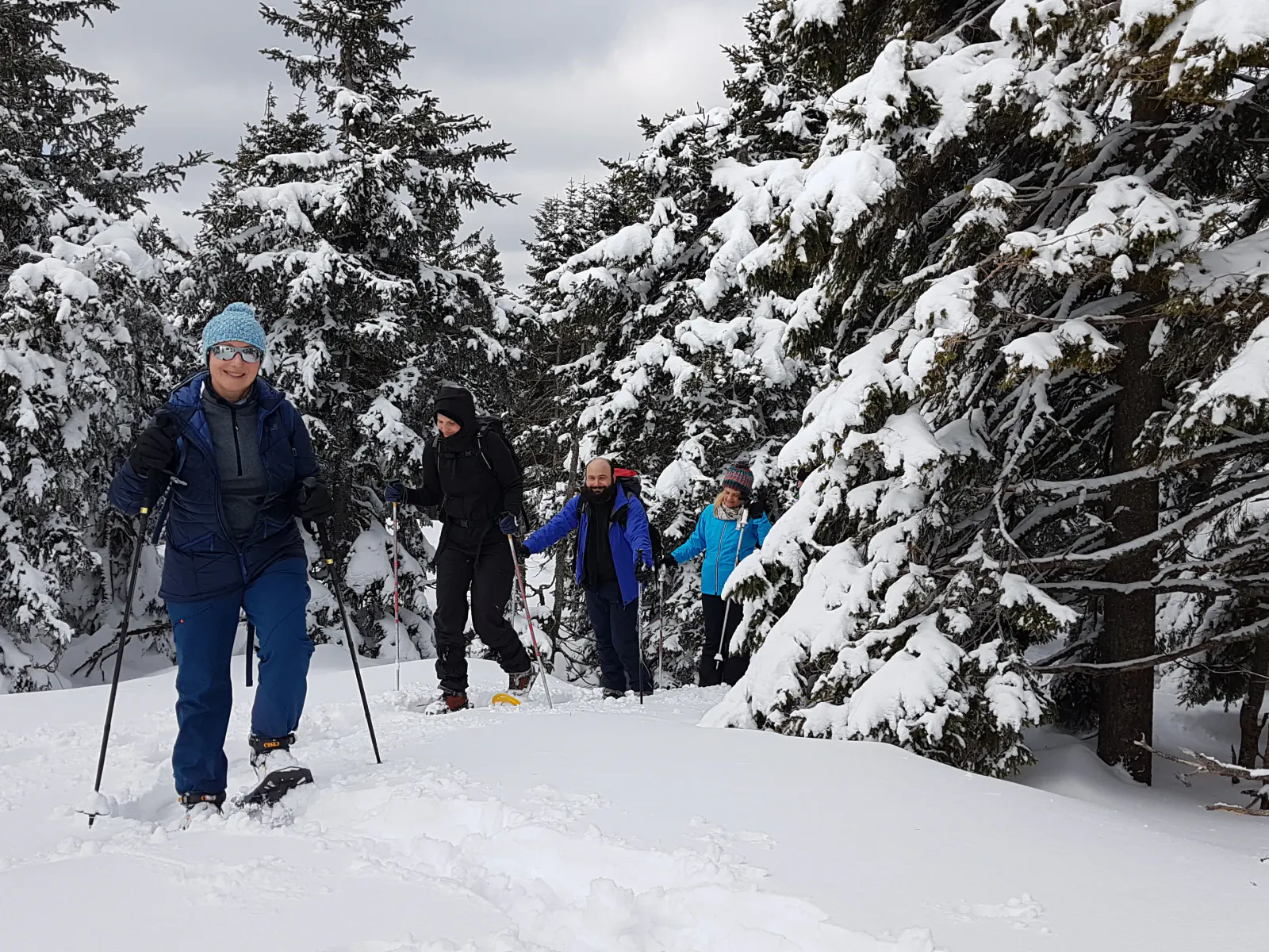 Eine Gruppe beim Schneeschuhwandern