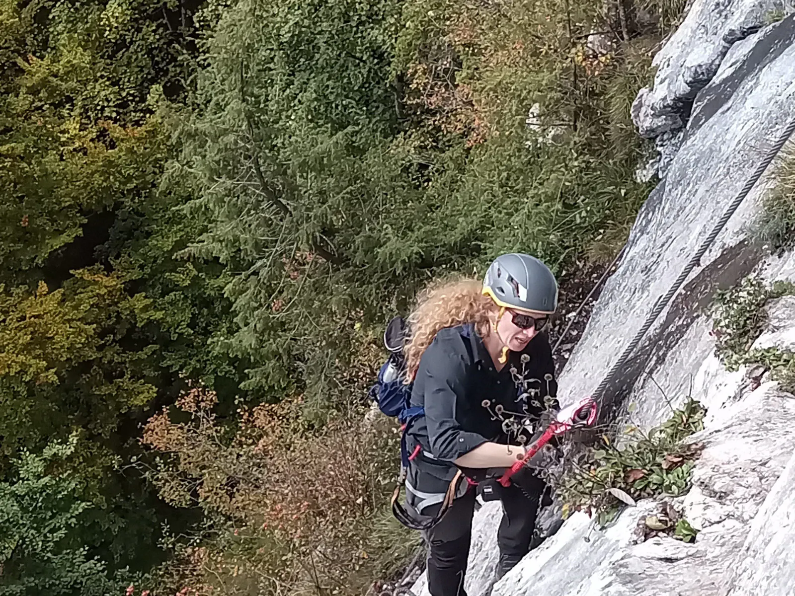 Eine Persone, die einen Klettersteig geht, der Wald unter ihr im Hintergrund.