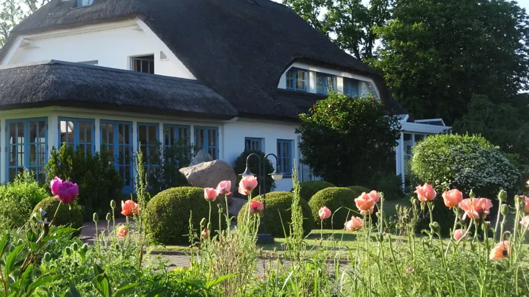 Blick auf ein reetgedecktes Haus