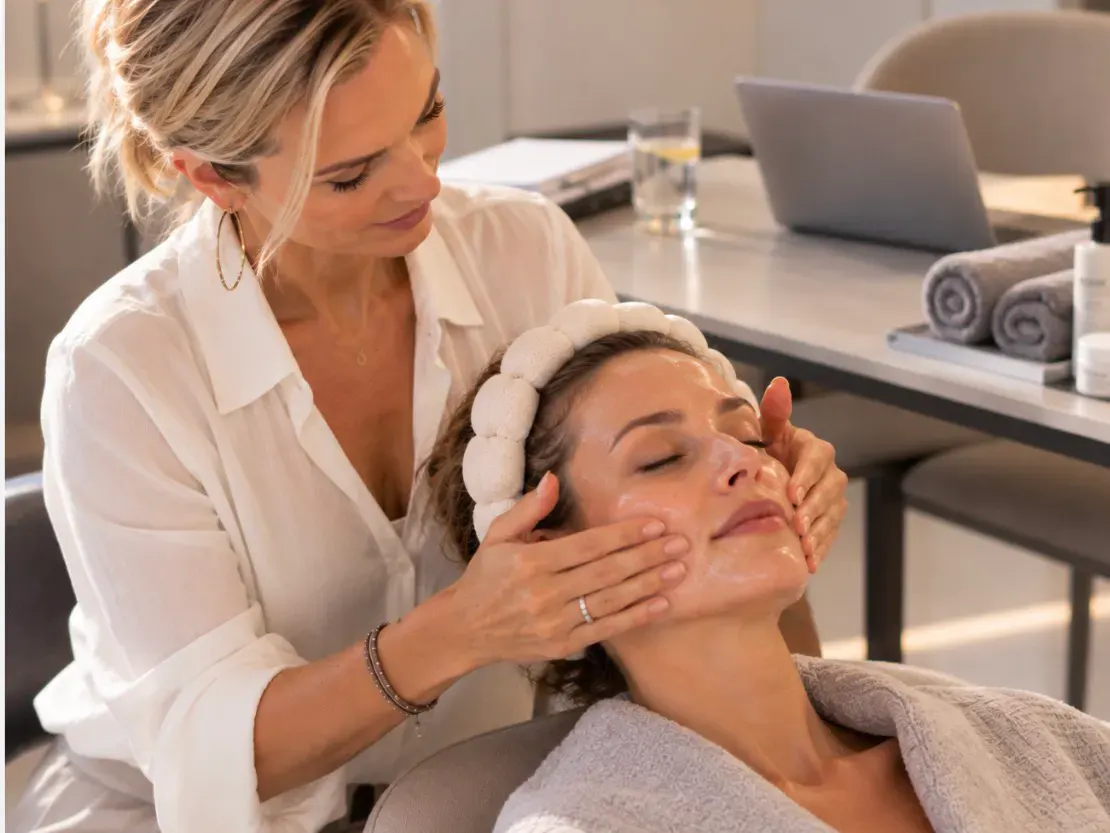 Dame bekommt entspannende Gesichtsmassage