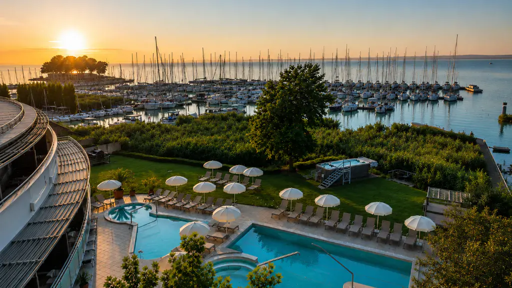 Abendstimmung mit Aussenansicht im Hotel Golden Lake Resort