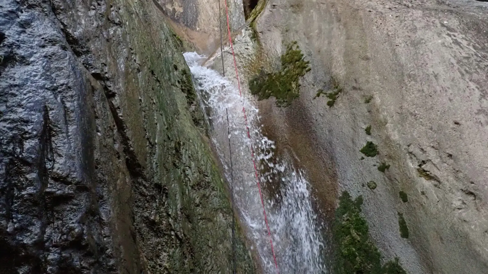 Eine Gruppe Canyonautinnen und Canyonauten steht vor einem Wasserfall.