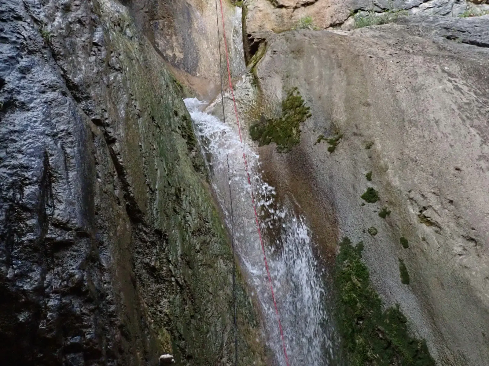 Eine Gruppe Canyonautinnen und Canyonauten steht vor einem Wasserfall.