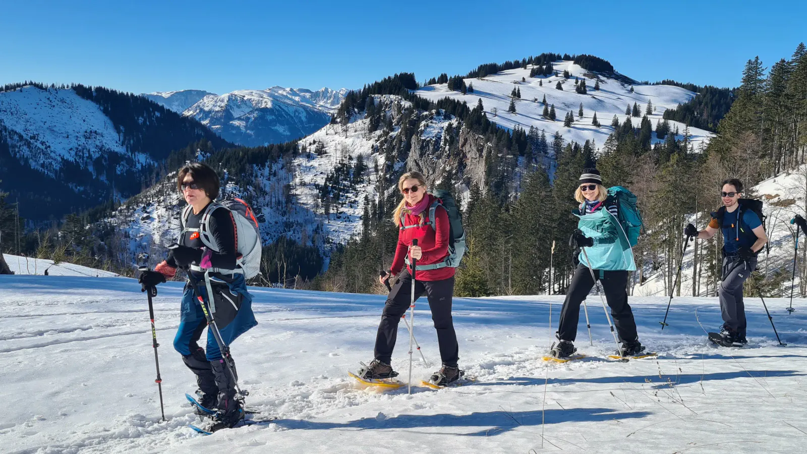 Eine Schneeschuhwanderung an einem sonnigen Tag.