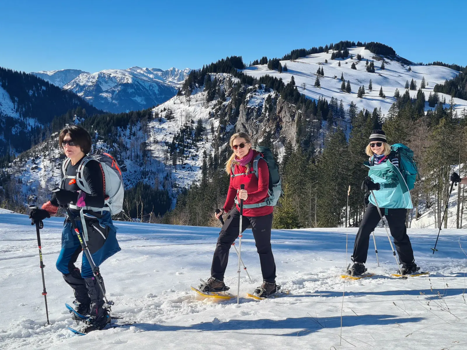 Eine Schneeschuhwanderung an einem sonnigen Tag.