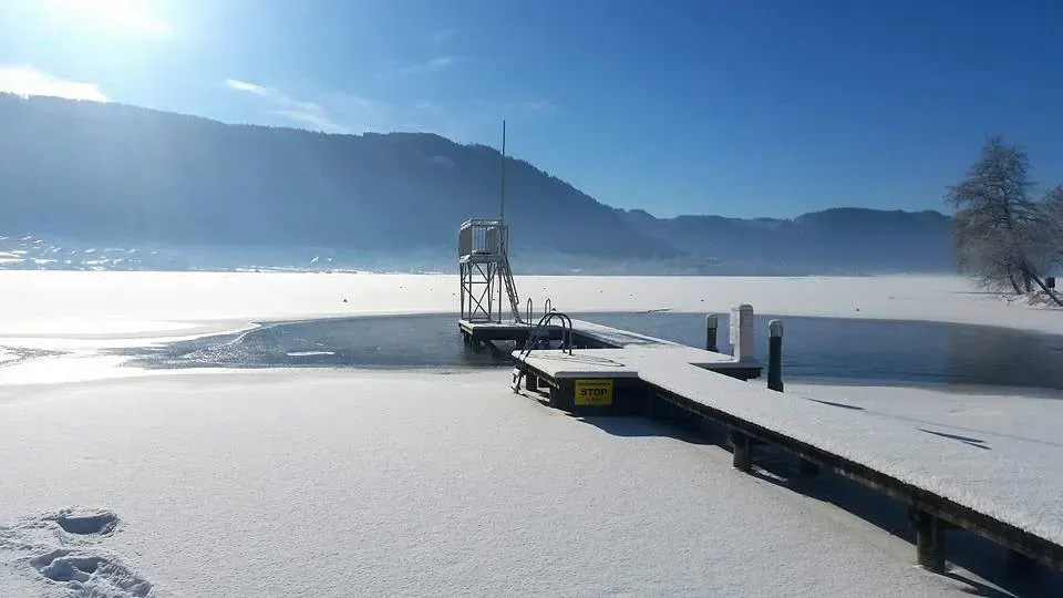 Blick vom Seehotel Hoffmann auf den Ossiacher See im Winter