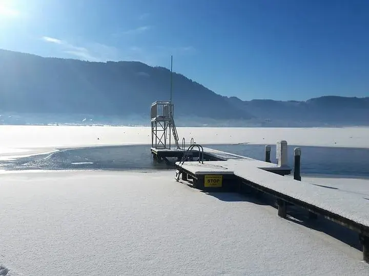 Blick vom Seehotel Hoffmann auf den Ossiacher See im Winter