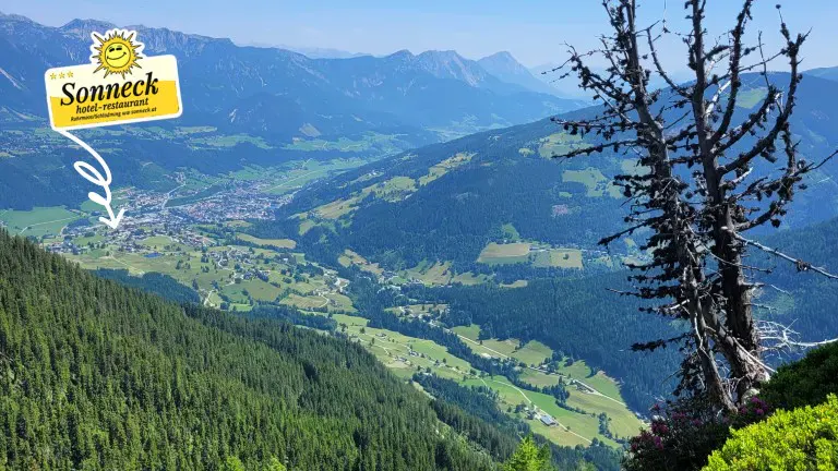 Blick auf den Ort mit Panorama des Hotel Sonnecks