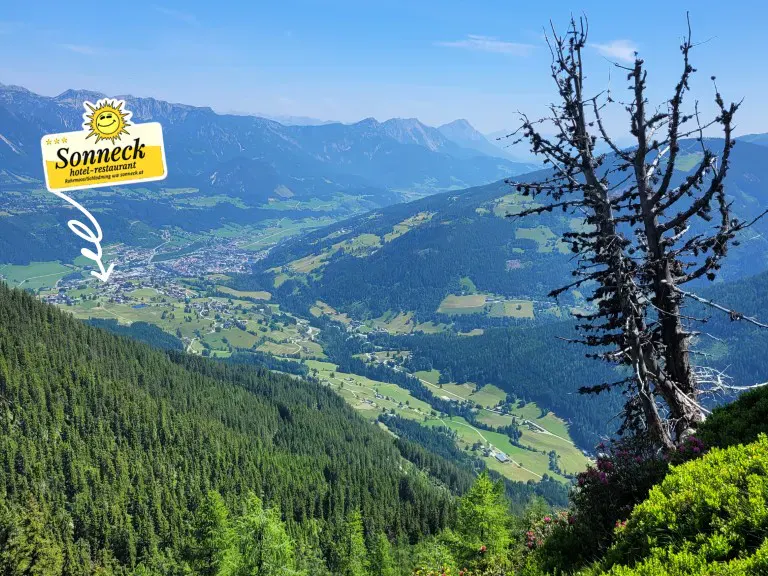 Blick auf den Ort mit Panorama des Hotel Sonnecks
