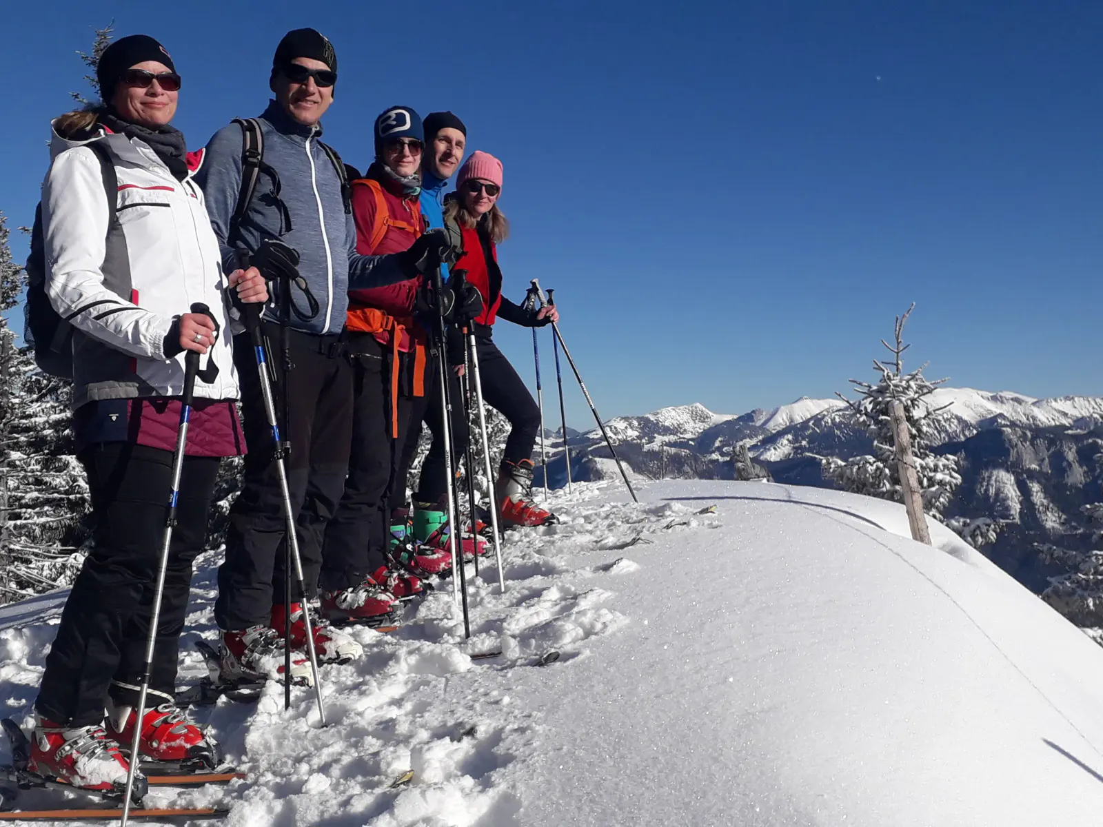 Mehrere Personen, die beim Schneeschuhwandern die Aussicht genießen.