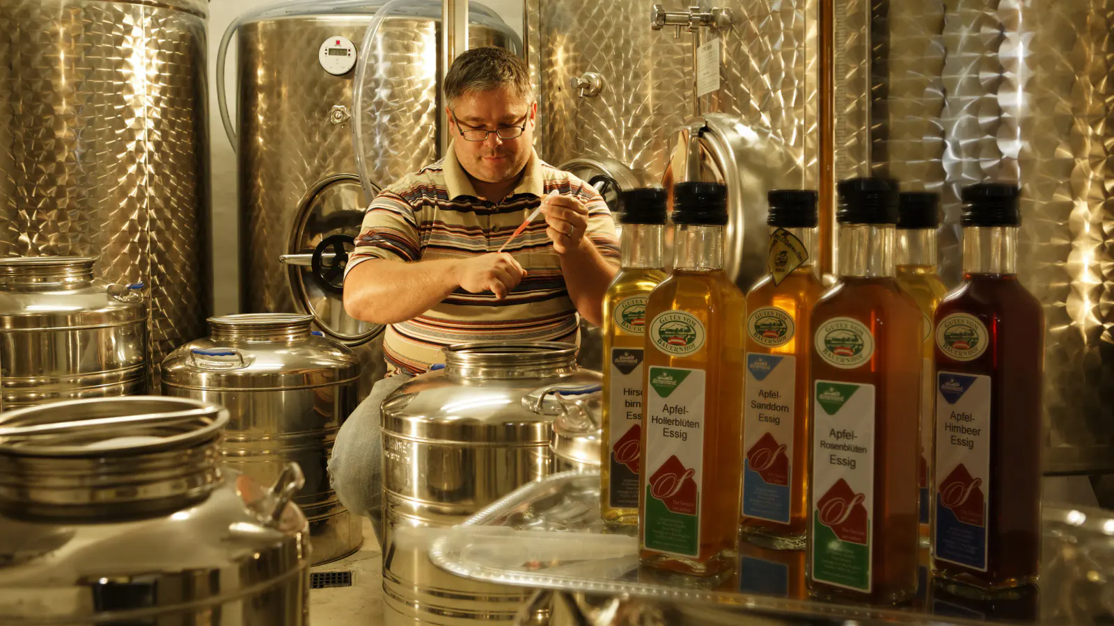 Dr. Schaffer im Produktionskeller vor Edelstahltanks gefüllt mit Essigen